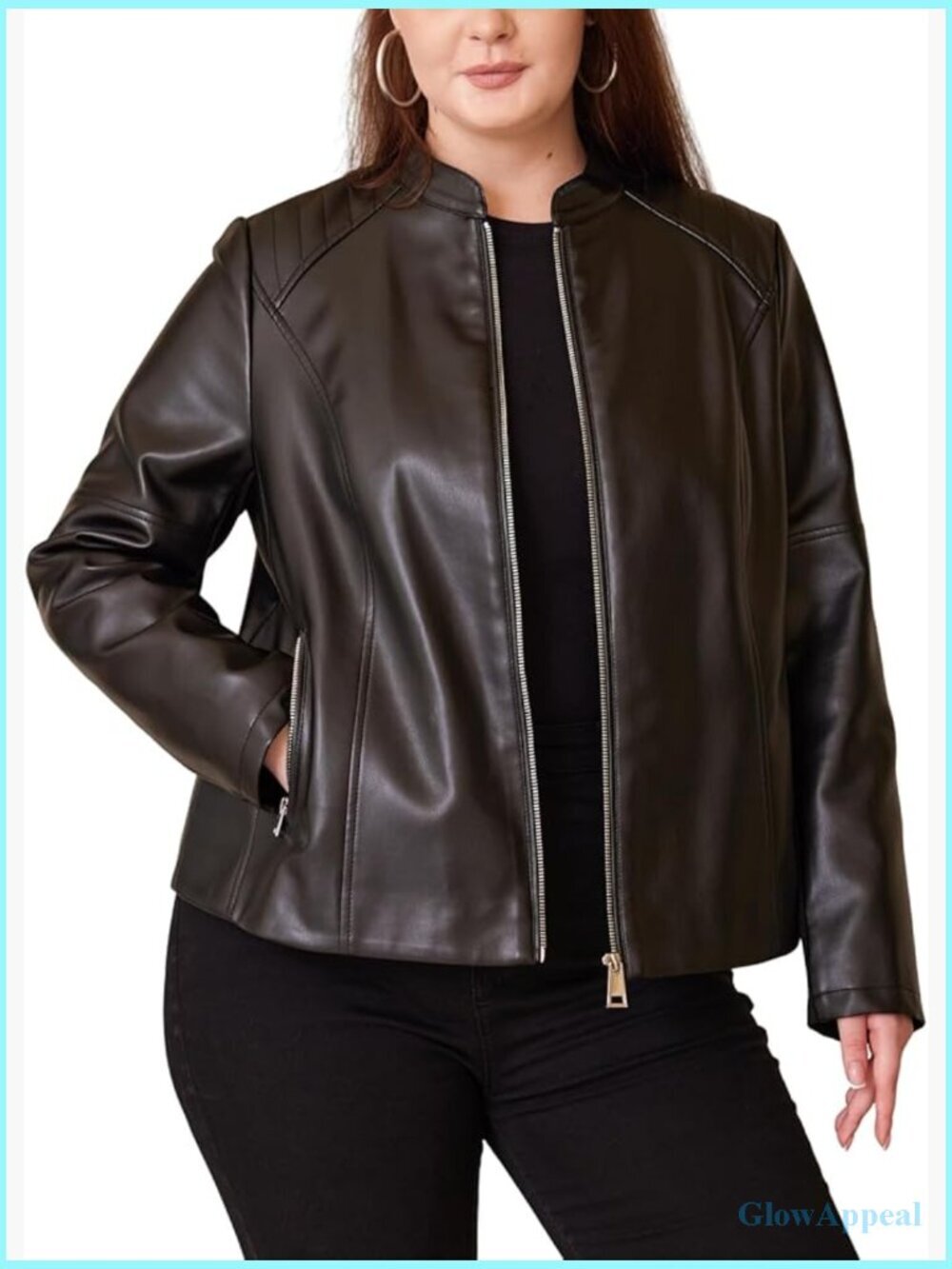 Plus Size Faux Leather Motorcycle Jacket with Quilted Shoulders